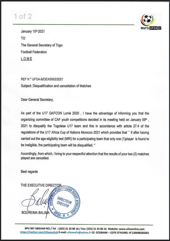 The letter of disqualification from WAFU to Togo
