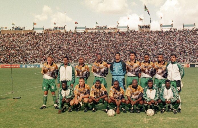 SOUTH AFRICA - FEBRUARY 03, A view of the South African National soccer team during the African Nations Cup Final match between South Africa (2) and Tunisia (0) on February 03, 1996 in South Africa Photo by Duif du Toit / Gallo Images