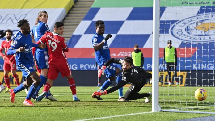 Alisson fails to save James Maddison's free-kick as Leicester draw level