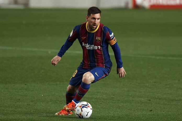Lionel Messi of Barcelona in action during the La Liga Santander match between FC Barcelona and Real Valladolid CF at Camp Nou on April 5, 2021 in Barcelona, Spain. Jose Breton/Pics Action/NurPhoto/Getty Images