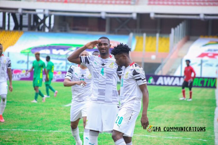 Nicholas Opoku celebrates his goal against Sa Tome and Principe