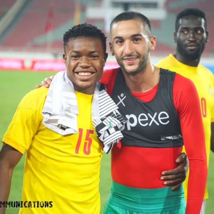 Fatawu Issahaku (left) and Hakim Ziyech of Chelsea FC during Ghana vs Morocco friendly