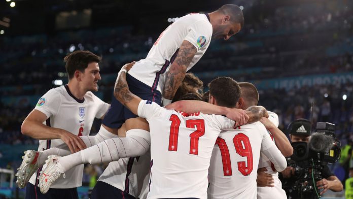 England players celebrate Harry Kane's goal vs Ukraine