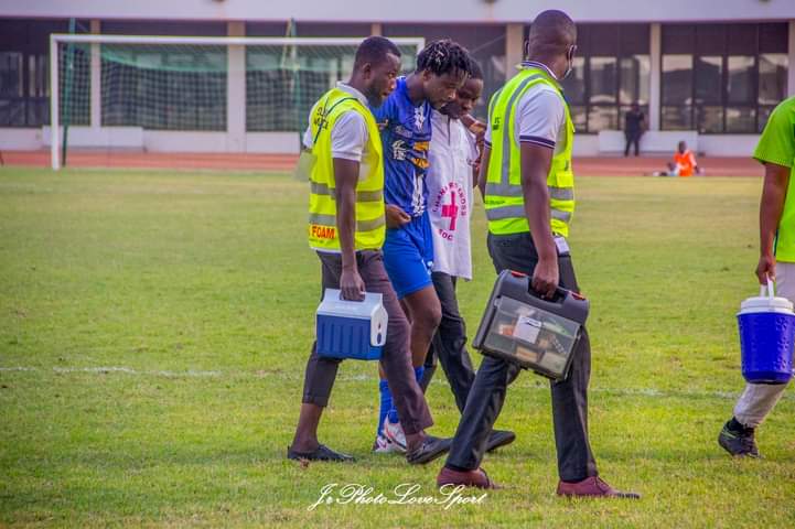 Abdulai Hafiz Pablo after picking an ankle injury in RTU’s 2-0 win over Elimina Sharks last Sunday at the Aliu Mahama Sports Stadium.