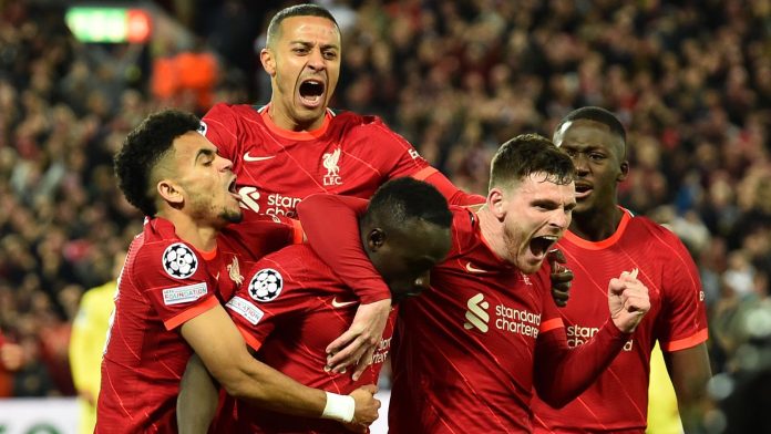 Liverpool players celebrate Sadio Mane's goal which gave them a 2-0 lead in the Champions League semi-final