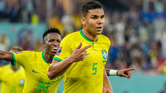 Casemiro celebrates after giving Brazil the lead against Switzerland
