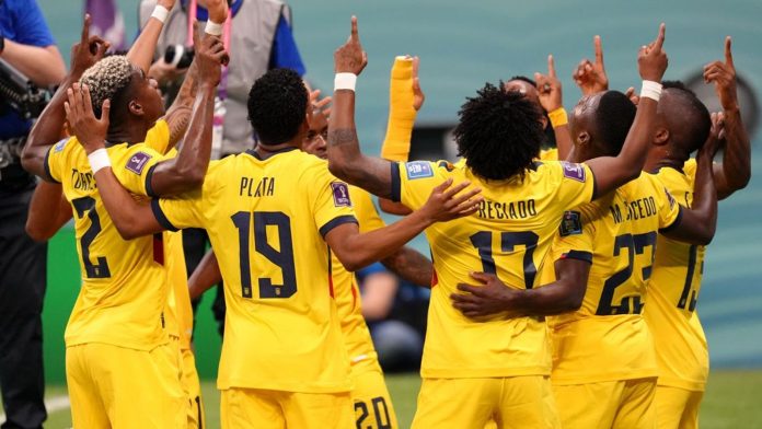 Ecuador players celebrate Enner Valencia's opening goal against Qatar