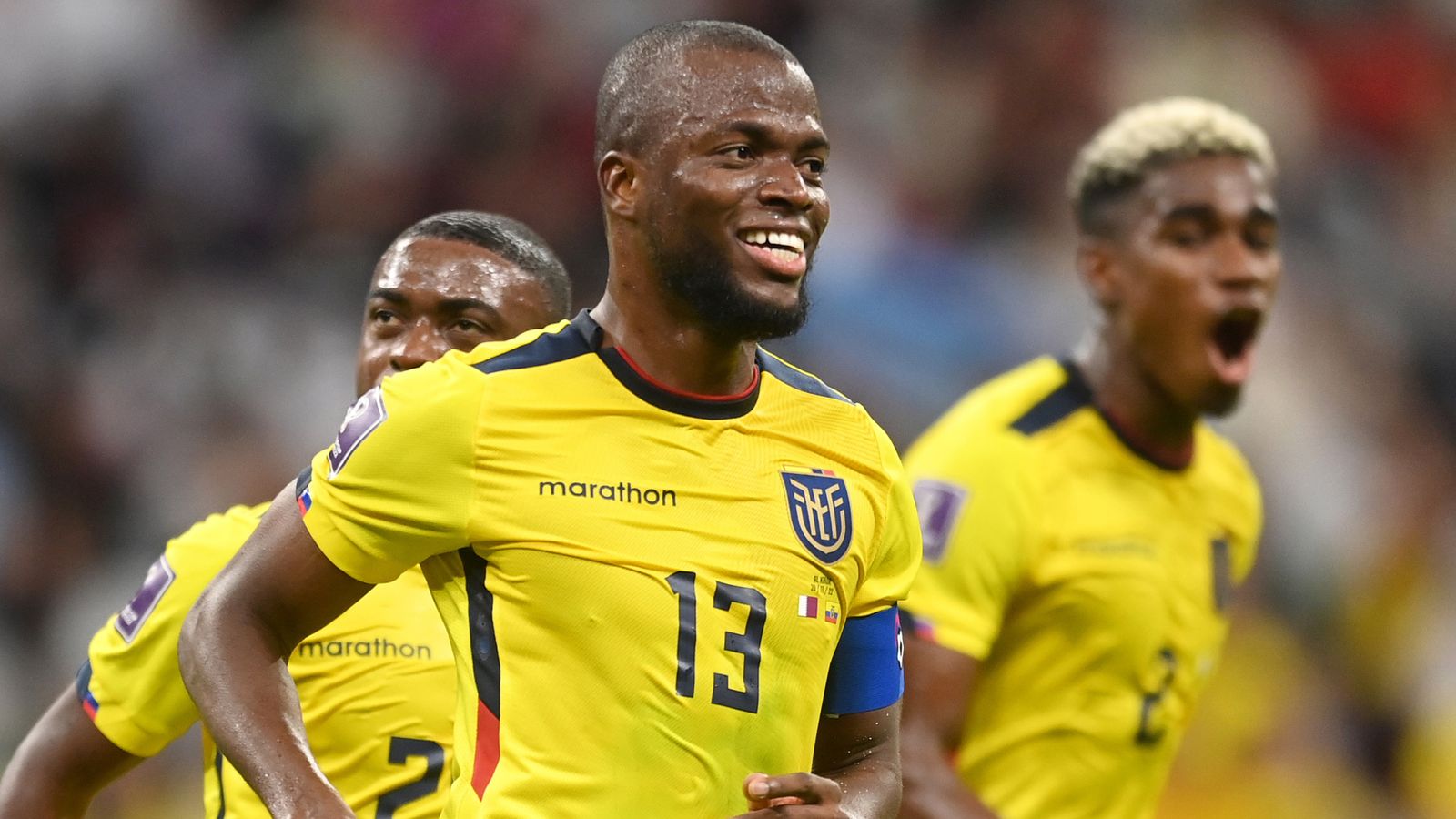 Enner Valencia celebrates after heading Ecuador 2-0 in front against Qatar