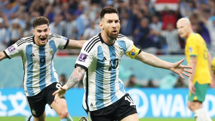 Lionel Messi celebrates after giving Argentina the lead against Australia