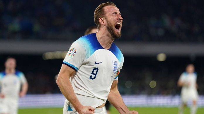 Harry Kane celebrates after scoring from the penalty spot to put England 2-0 up vs Italy, becoming England's record goalscorer in the process