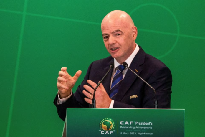 FIFA president Gianni Infantino addresses delegates during the CAF President's Outstanding Achievement Awards, in Kigali, Rwanda March 14, 2023. REUTERS/Jean Bizimana/File Photo