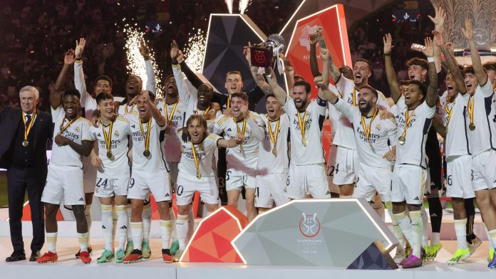 Real Madrid celebrate winning the Spanish Super Cup after beating Barcelona in Saudi Arabia